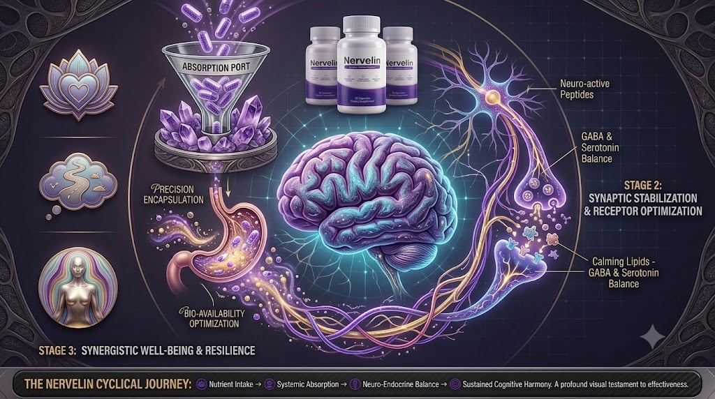 Nervelin's official product infographic, showing capsule bottles labeled Nervous System Support alongside references to GABA and Serotonin Balance and Calming Lipids